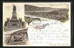 Lithographie Bingen, Nationaldenkmal Auf Dem Niederwald, Rüdesheim  - Bingen