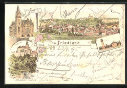 Vorläufer-Lithographie Friedland / Frydlant, 1895, Rathaus, Aussichtsthurm Auf Dem Resselberg, Schloss, Totalansicht  - Tschechische Republik