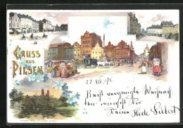 Lithographie Pilsen, Strassenpartie Mit Gebäudeansicht, Uferpartie Mit Kirche, Marktplatz  - Tschechische Republik