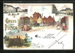 Lithographie Pilsen, Strassenpartie Mit Gebäudeansicht, Uferpartie Mit Kirche, Marktplatz  - Tchéquie