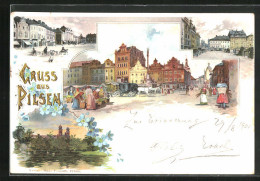 Lithographie Pilsen, Strassenpartie Mit Gebäudeansicht, Uferpartie Mit Kirche, Marktplatz  - Tchéquie