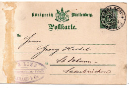 64345 - Altdeutschland / Wuerttemberg - 1895 - 5Pfg GAKte (Klebespur Li) M Lochung "J.G.L." BIBERACH -> St Johann - Brieven En Documenten