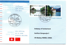 64350 - Schweiz - 1998 - "Taxe Percue"-GASoAerogramm Sonderflug Genf-Beijing SoStpl GENEVE - VOL SPECIAL -> BEIJING - Cartas & Documentos