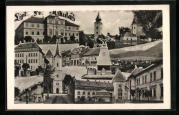 AK Liptovský Mikulás, Ortspartie, Blick Zur Kirche, Denkmal, Strassenpartie Und Gebäude, Fotomontage  - Slovakia