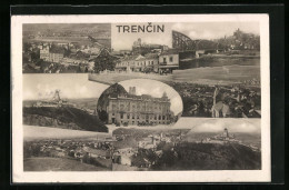 AK Trencin, Ortsansicht Aus Der Vogelschau, Flusspartie Mit Brücke, Gebäude, Fotomontage  - Slovakia