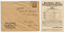 Germany 1936 Cover & Letter; Berlin - Paul Krüger, Rauchwaren U. Felle To Schiplage; 3pf. Hindenburg - Lettres & Documents