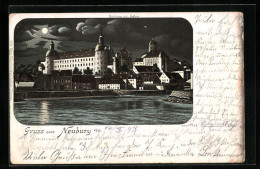 Lithographie Neuburg A. D., Schloss Mit Hafen Bei Mondschein  - Neuburg