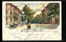 Lithographie Bremen, Strassenpartie Mit Stadttheater Und Pferdewagen  - Theatre