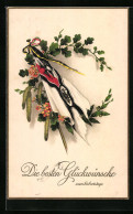 Künstler-AK Deutsche Flagge, Eichenlaub, Blumen - Geburtstagsgruss  - Guerre 1914-18