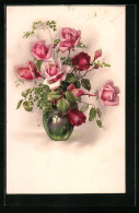 AK Rosa Und Rote Rosen Nebst Knospen In Einer Bauchigen Vase  - Andere & Zonder Classificatie