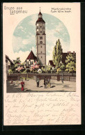 Lithographie Langenau, Martinskirche Mit Strassenpartie  - Sonstige & Ohne Zuordnung