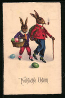 Künstler-AK Osterhasen Mit Pfeife Und Gehstock  - Easter