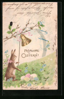Präge-AK Osterhase Mit Glocke Und Ostereiern  - Ostern