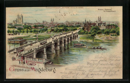 Lithographie Magdeburg, Panorama Und Brücke Mit Strassenbahn, Halt Gegen Das Licht  - Maagdenburg