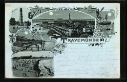 Mondschein-Lithographie Travemünde, Leuchtturm, Vorderreihe, Strandpartie  - Luebeck-Travemuende