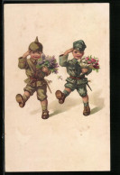Künstler-AK Zweibundsoldaten Mit Blumensträussen, Kinder Kriegspropaganda  - Oorlog 1914-18