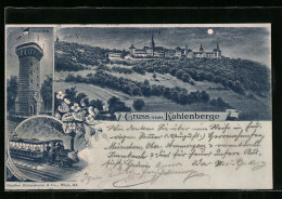 Mondschein-Lithographie Wien, Aussichtswarte, Hotel Auf Dem Kahlenberg Und Dampflokomotive  - Sonstige & Ohne Zuordnung