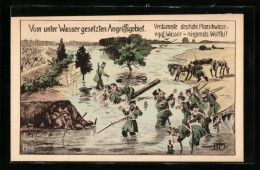 Künstler-AK Feindliche Soldaten ärgern Sich Das Die Angriffsgebiete Nicht Mit Wuttki Geflutet Wurden  - Oorlog 1914-18