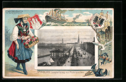 Passepartout-Lithographie Hamburg-Neustadt, Jungfernstieg Mit Alsterpavillonund Vierländerin In Tracht  - Other & Unclassified