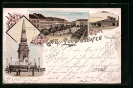 Lithographie Ludwigshafen, Marktplatz, Rheinbrücke Und Monumental-Brunnen  - Ludwigshafen