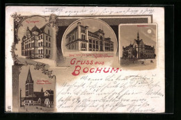 Lithographie Bochum, Ständehaus, Kgl. Landgericht, Alter Markt  - Bochum