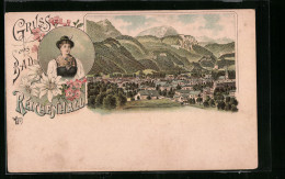 Lithographie Bad Reichenhall, Ortsansicht Und Porträt Einer Jungen Frau In Tracht  - Bad Reichenhall