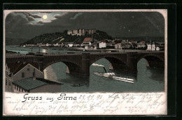 Mondschein-Lithographie Pirna, Flusspartie Mit Brücke Und Dampfer  - Pirna