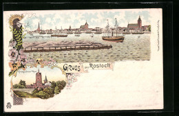 Lithographie Rostock, Kroepeliner Thor Und Flusspartie  - Rostock