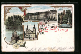 Lithographie Ludwigsburg, Schloss-Südseite, Stadtkirche, Emichsburg, Monrepos-Kapelle  - Ludwigsburg