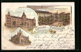 Lithographie Bochum, Gymnasium Mit Bismarckdenkmal, Wilhelmsplatz Mit Amtsgericht Und Ständehaus  - Bochum