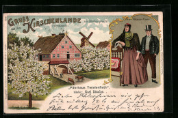 Lithographie Jork, Gasthof Fährhaus Twielenfleth Von Karl Röseler Im Kirschenlande, Ehepaar In Altländer Trachten  - Sonstige & Ohne Zuordnung