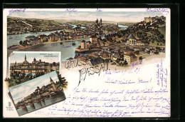 Lithographie Passau, Ansicht Von Der Donaubrücke, Innstadt Und Panorama  - Passau