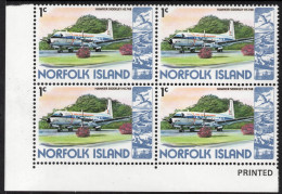 NORFOLK ISLAND 1980 " 1c HAWKER SIDDELEY HS.748 IMPRINT PLATE BLOCK OF (4)  MNH - Norfolkinsel