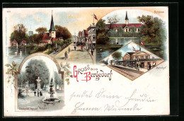 Lithographie Hamburg-Bergedorf, Schloss, Bahnhof, Denkmal Kaiser Wilhelm I.  - Bergedorf