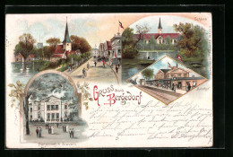 Lithographie Hamburg-Bergedorf, Pensionat R. Sievers, Meinecke, Schloss, Bahnhof  - Bergedorf