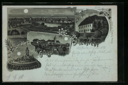 Mondschein-Lithographie Allstedt, Panorama, Schlossgasthof, Kyffhäuser Denkmal  - Kyffhäuser