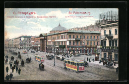 AK St. Petersburg, Le Newsky Avec L`eglise Hollandaise, Strassenbahn  - Tramways