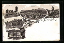 Lithographie Königstein, Krieger-Denkmal, Ruine Und Hainbad  - Koenigstein