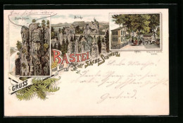 Vorläufer-Lithographie Bastei, Hotel, Basteifelsen, Brücke, 1895  - Bastei (sächs. Schweiz)