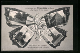 AK Sillenstede, Schmetterling-Ak, Postagentur, Kriegerdenkmal, Kirche  - Photographie