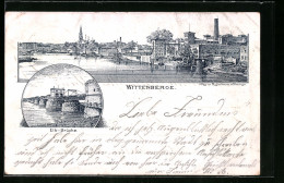 Lithographie Wittenberge, Teilansicht, Elb-Brücke  - Wittenberge