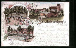 Lithographie Schönkirchen I. H., Gasthaus Im Landhause, Garten Und Kegelbahn, Teilansicht  - Sonstige & Ohne Zuordnung