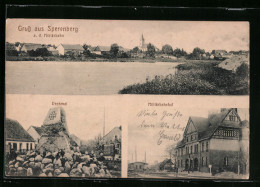 AK Sperenberg A. D. Militärbahn, Uferpartie Mit Kirche, Militärbahnhof, Denkmal  - Sperenberg