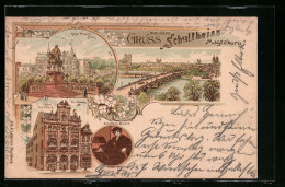 Lithographie Magdeburg, Ortsansicht, Kaiser Wilhelms-Platz, Gasthaus Zum Schultheiss, Breiteweg 29  - Magdeburg