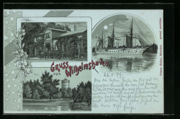 Mondschein-Lithographie Wilhelmshaven, J. Schmidt`s Restaurant Giftbude, SMS Kriegsschiff Gneisenau Und Park  - Wilhelmshaven