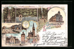 Lithographie Luckenwalde, Kriegerdenkmal, St. Johanniskirche, Bahnhof Und Postgebäude  - Luckenwalde