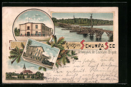 Lithographie Sperenberg, Übungsplatz Der Eisenbahnbrigade Mit Kaserne, Schumka See, Bahnhof Und Holzbrücke Im Bau  - Sperenberg