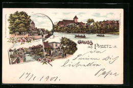 Lithographie Preetz I. H., Gasthaus Weinberg, Lange Brücke, Grosse Linde  - Preetz