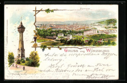 Lithographie Würzburg, Panorama Der Stadt, Franken-Warte  - Wuerzburg