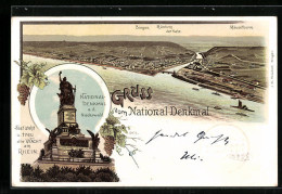 Lithographie Bingen, Gesamtansicht Mit Nahemündung, Niederwald-Denkmal  - Bingen